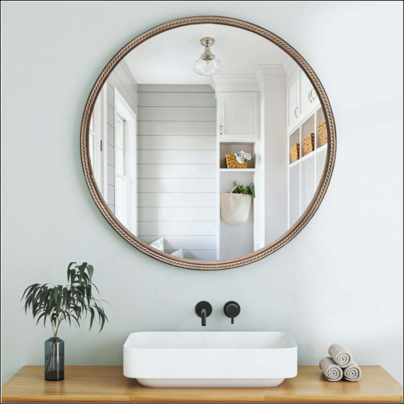 Miroir mural rond avec tablettes de rangement - armoire latérale en bois à 2 niveaux, miroir suspendu peu encombrant pour meuble-lavabo, chambre à coucher et entrée