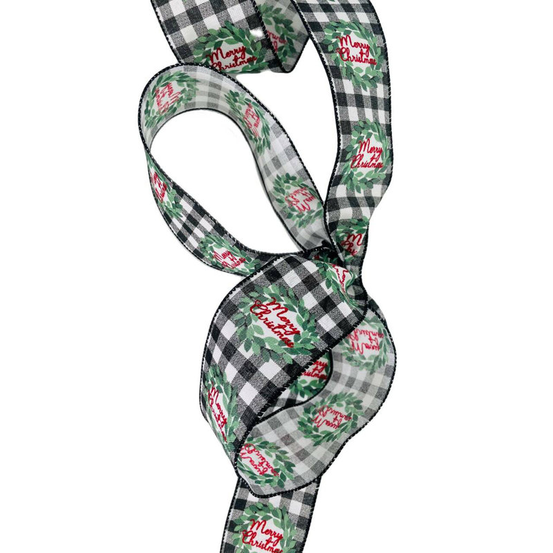 Ruban noir blanc à carreaux avec couronne de joyeux Noël 2,5 po x 10 po