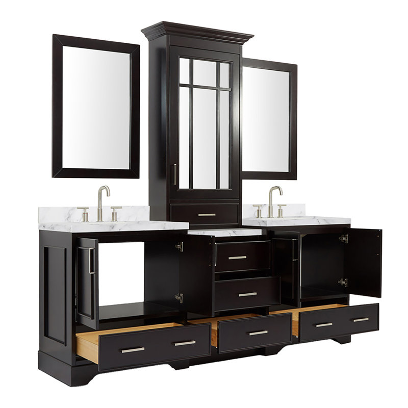 85'' Double Bathroom Vanity with Carrara Marble Top, Brown