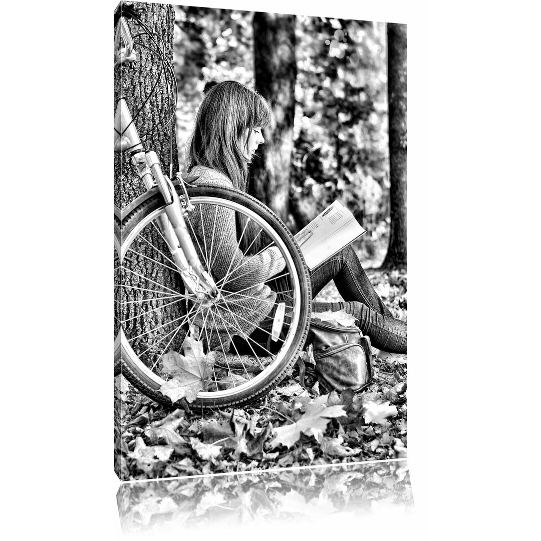 Leinwandbild Teenage-Girl with Bike in Monochrom