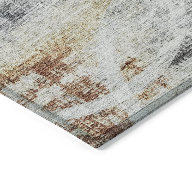 Contemporary Gray and Red Synthetic Washable Area Rug, 3' x 5'