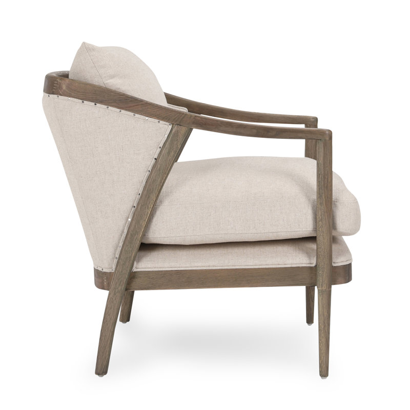 Transitional Beige Leather Swivel Accent Chair with Oak Accents