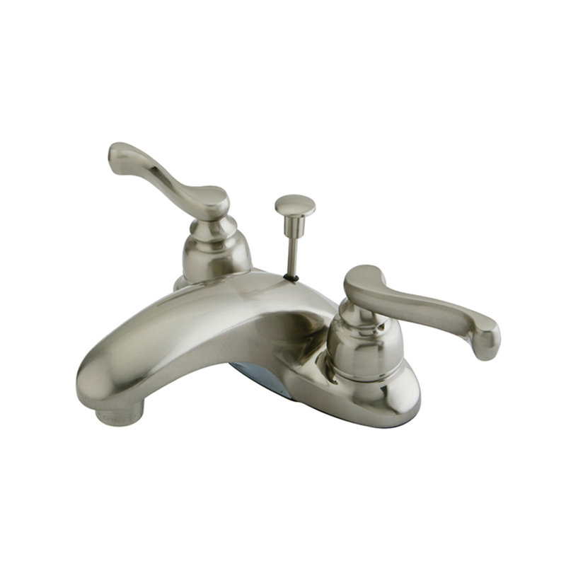 Kingston Brass Magellan Two-Handle 3-Hole Deck Mount 4" Centerset Bathroom Faucet with Plastic Pop-Up, Brushed Nickel