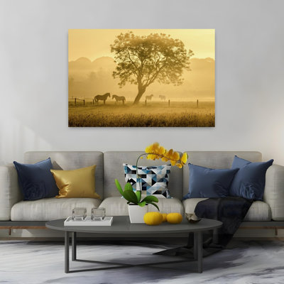 Golden Horses In Mist Dreamy Peaceful Serene Horse Landscape Nature Wall Art Print 1 Piece Wrapped Canvas Wall Art