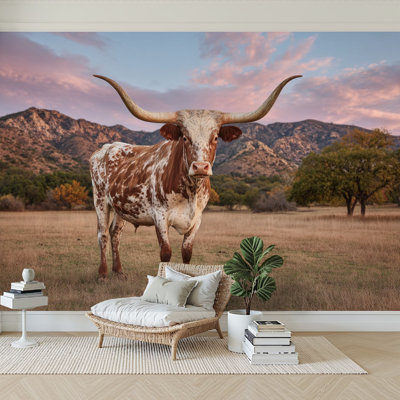 Peel and Stick Wallpaper 96" W x 69" H Modern Self Adhesive Wall Mural for Bedroom Texas Highland Cattle Farm Cow Mountains Grass Sky Sunset Landscape
