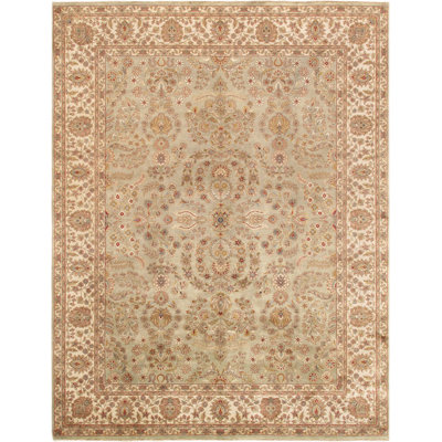 Baku Oriental Hand-Knotted Wool Light Green/Ivory/Brown Area Rug