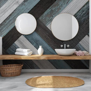 Rustic Coastal Reclaimed Wood Plank Geometric Pattern Wallpaper Blue Gray Brown Farmhouse Wall Design