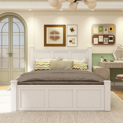 Farmhouse Style Wood Panel Bed Frame Four Square Poster Bed With Three Storage Drawers,Queen, Ancient White -  Lark Manor™, A100CAD94C2B4610AC637593D9C68C40