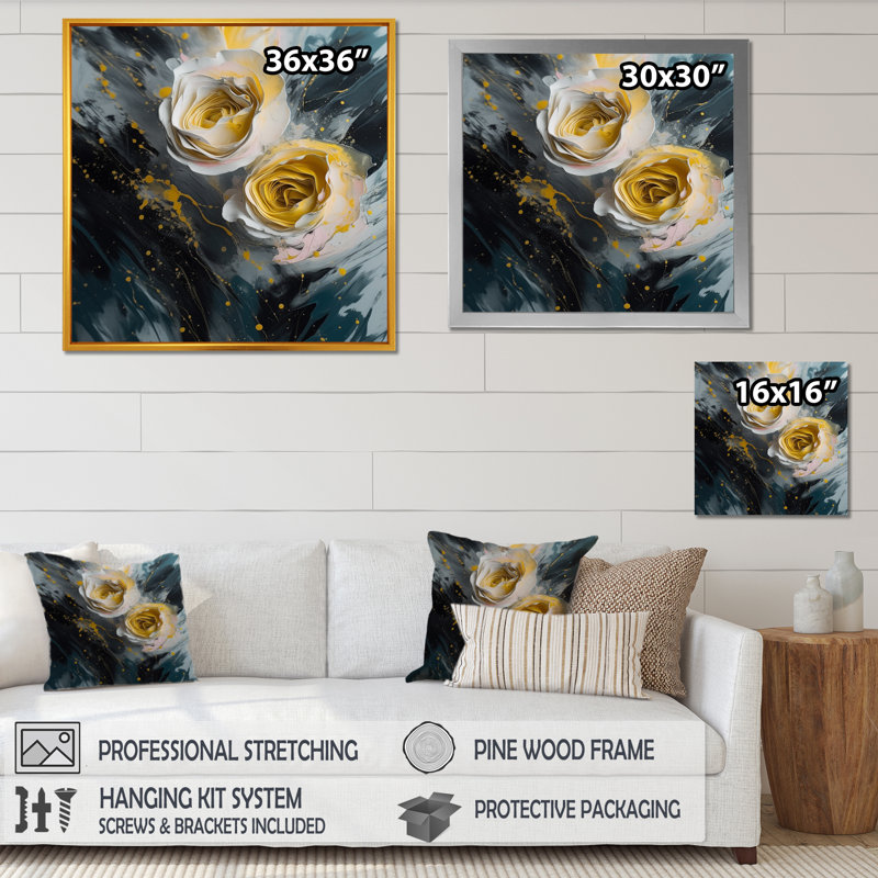 " Yellow Rosefloral Tapestry III ", Black Picture Framed, 16" H x 16" W x 1" D