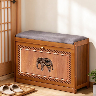 Armoire à chaussures sur pied en bambou de 27,56 pouces avec siège rembourré, banc d'entrée rétro avec tiroir à imprimé éléphant