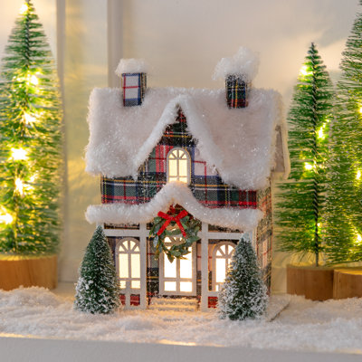 8.75" LED Paper Holiday House with Picket Fence and Artificial Table Decor, Red Plaid