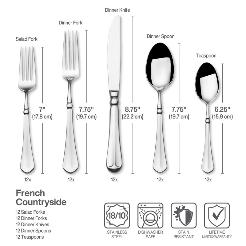 Ensemble de couverts en acier inoxydable 18/10 Mikasa French Countryside 65 pièces pour 12 personnes