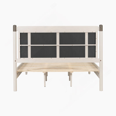 Solid Wood Queen Bed With Grey Upholstered Headboard, Heavy Duty 500 Lbs Support, No Box Spring Needed, Metal Handles