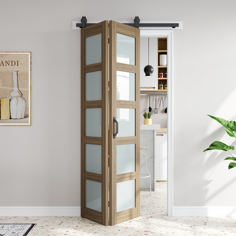 Porte de grange pliante 5 pièces en verre givré et en bois d'épinette massif avec quincaillerie - assemblage facile requis