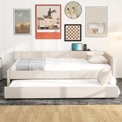 Beige Upholstered Bed With Ports And Twin Trundle - Robust Frame, No Box Spring For A Modern Bedroom Atmosphere Full Size & In Strong Wood, Dreamy Ambiance