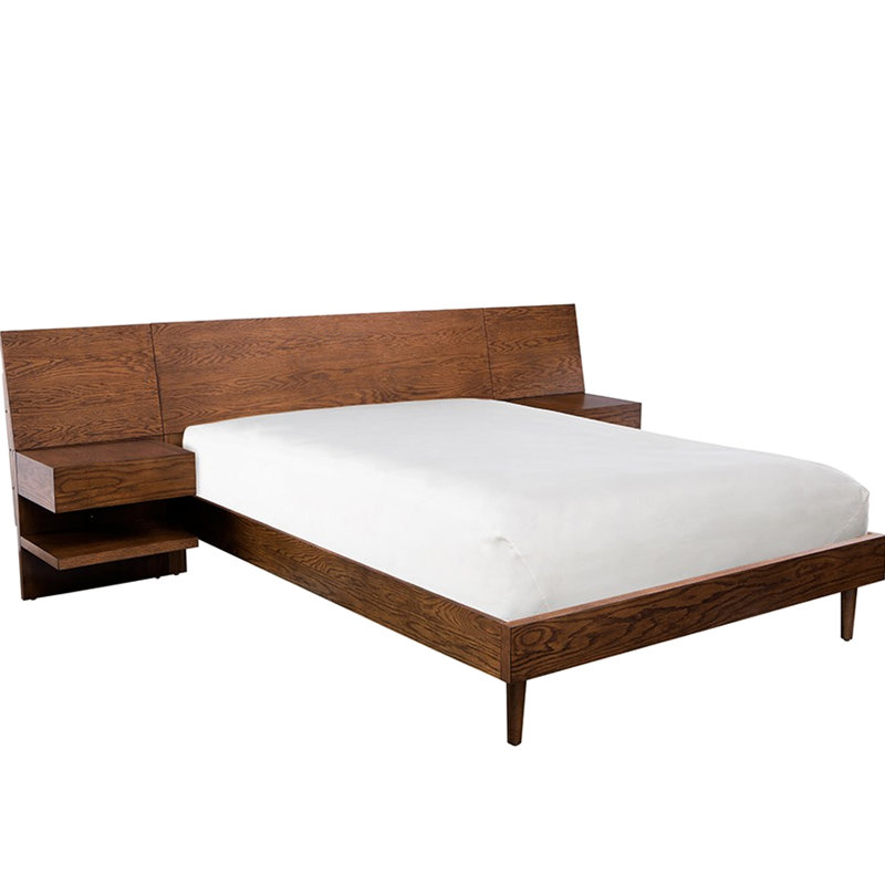 Très grand lit avec 2 tables de chevet en pacane, table de chevet en bois, Très grand lit
