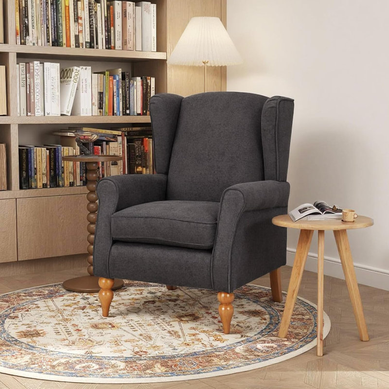 Ensemble de table basse et de fauteuil Vintage Luxury, fauteuil à oreilles en tissu de polyester avec dossier haut, gris foncé antique