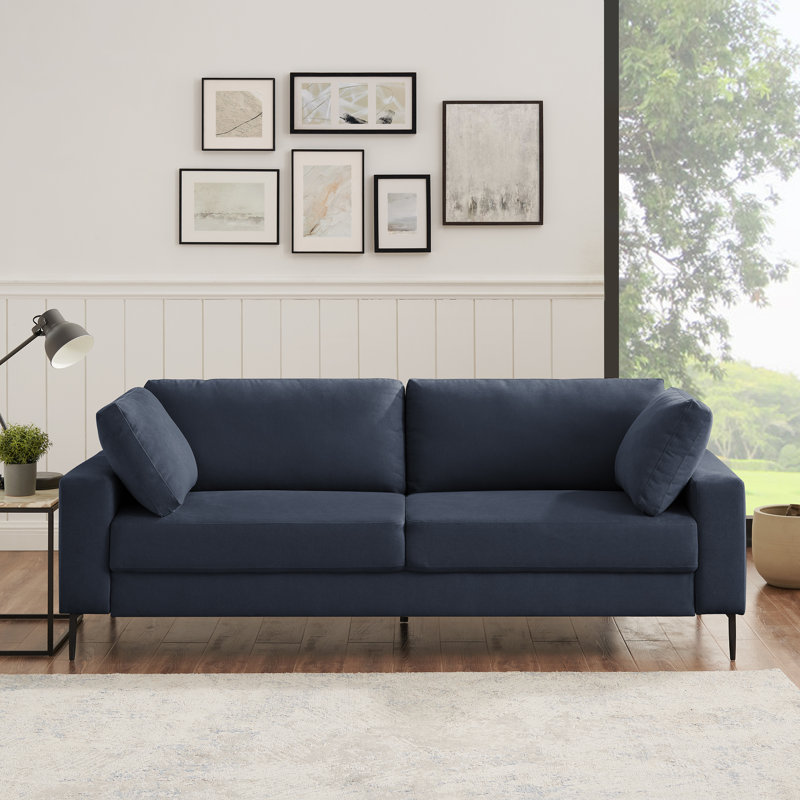 Etta 214.1Cm Velvet Square Arms Sofa, Dark Blue Polyester Blend