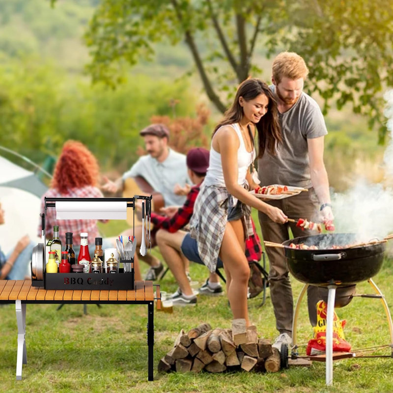 Black Metal BBQ Caddy with Paper Towel Holder and Hooks