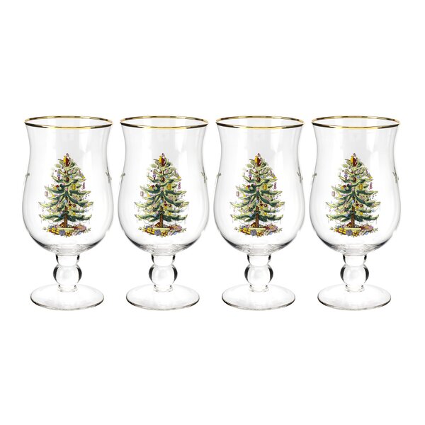 Set of 2 Spode Holiday Christmas Tree 19oz Stemless Wine Glasses Gold Trim  Santa