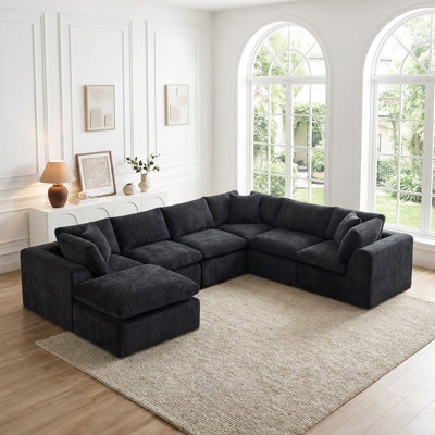  Canapé modulaire surdimensionné à 138 places en chenille noire 138 po 138 po, aucun assemblage requis