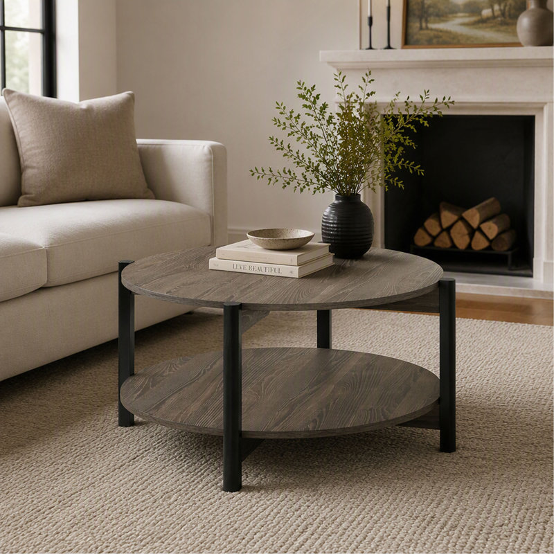 Table basse - Pieds en métal - Tablette inférieure ouverte - Plateau rond - Finition - transitionnel