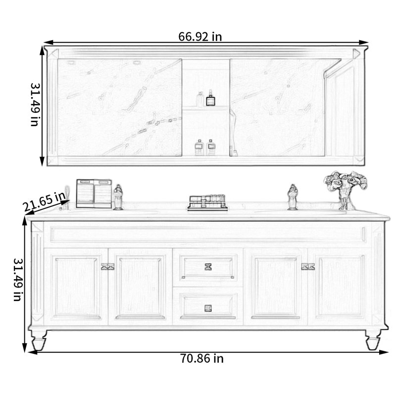 American solid wood bathroom cabinet, 31.49" H x 70.86" W x 21.65" D