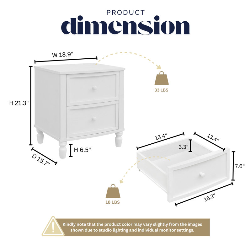 Table de chevet Tommy, table d'appoint moderne de 18,9 po, table de bout à 2 tiroirs avec rangement, table de chevet pour chambre à coucher, salon, profil solide, blanc classique