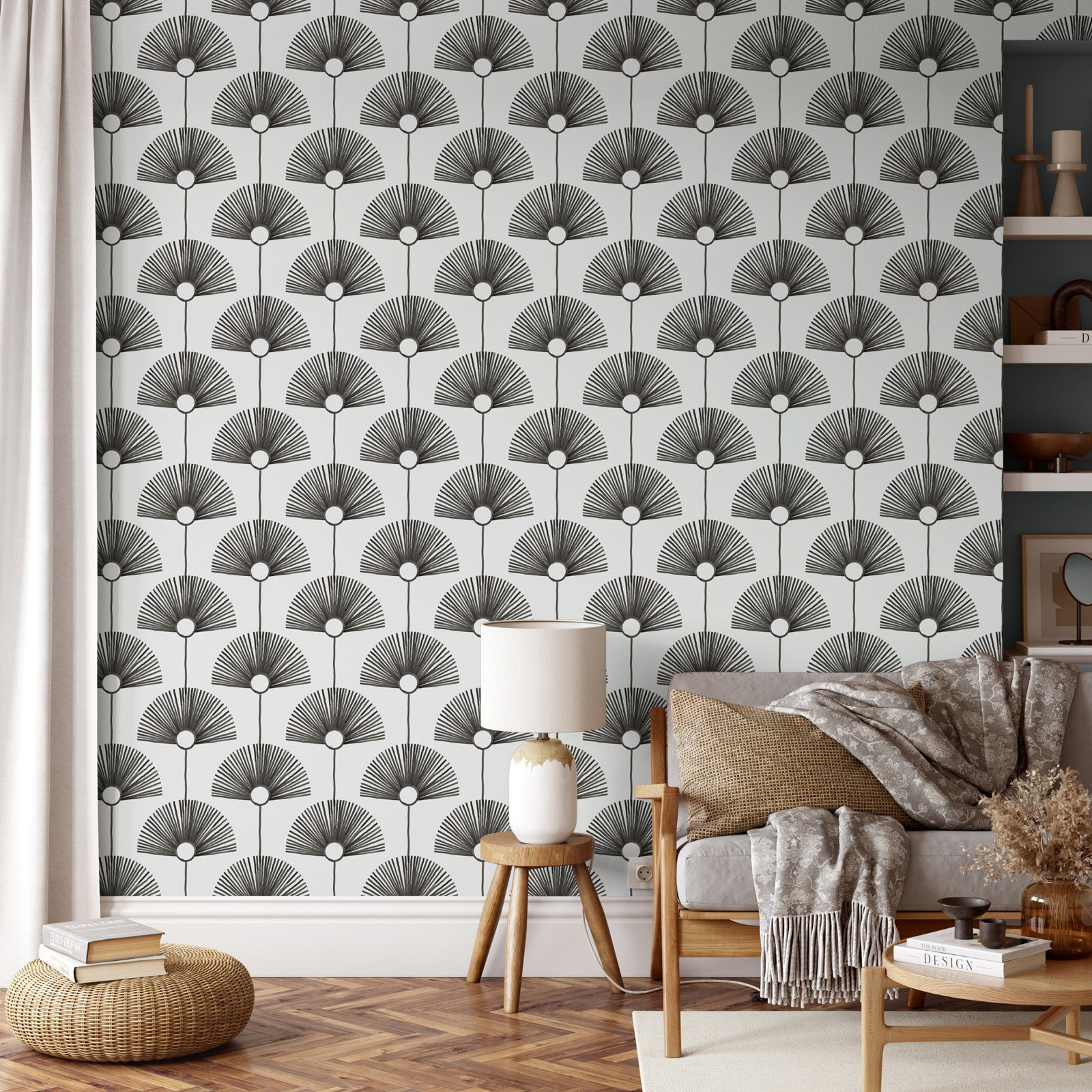 Mitchell Black Deco Fan Self-Adhesive Wallpaper, Calligraphy Black, Non-pasted