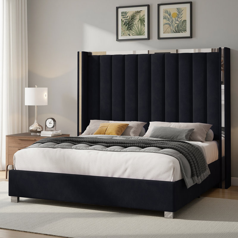 Gerasim Bed Frame with 58" Tall Headboard, Velvet Upholstered Platform Bed, Black, Queen