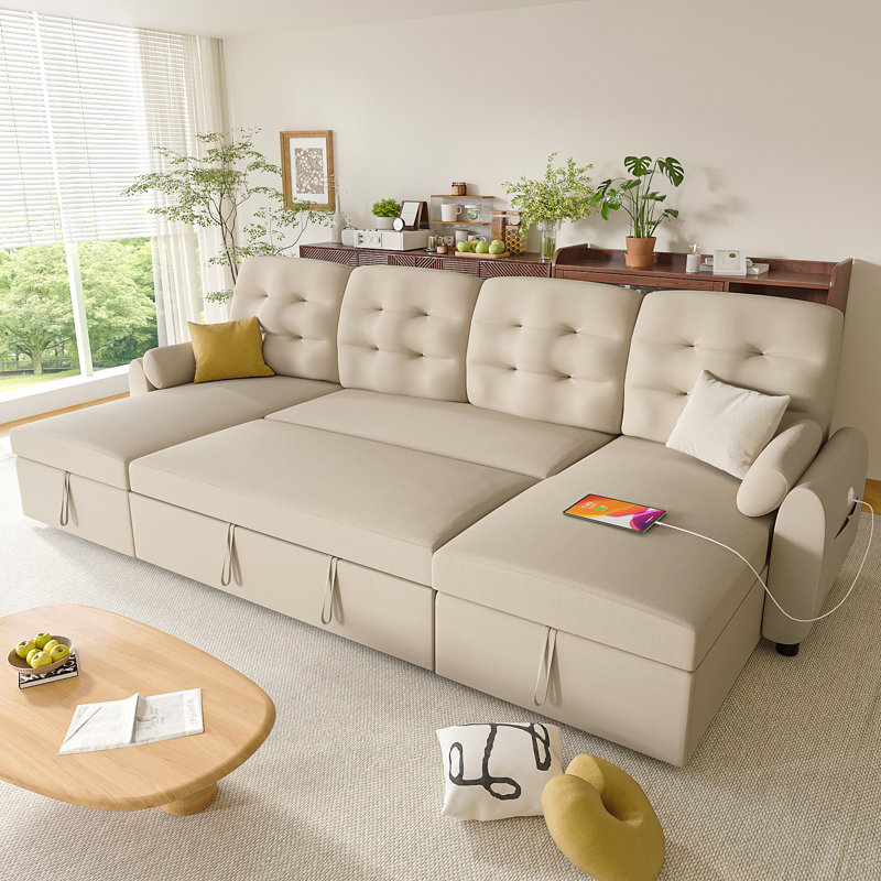112" U-shaped Sleeper Sectional Sofa With Pull-out Bed, Dual Reversible Storage Chaise, Usb Charging Ports & Side Pockets, Removable Back Cushions For Living Room