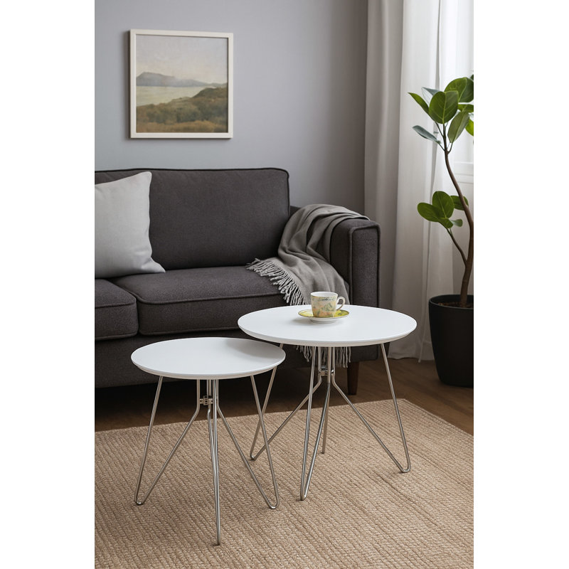 2 - Piece Living Room Table Set, Silver, White