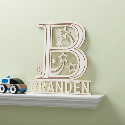 Letter J | His Initial And Name Wood Plaque With Custom Name Laser Cut In Antique White Wood | Shooting Stars Cut In Design | Fun Wall Decor In Kids Bedroom Or Play Area | 11" To 12" In Height
