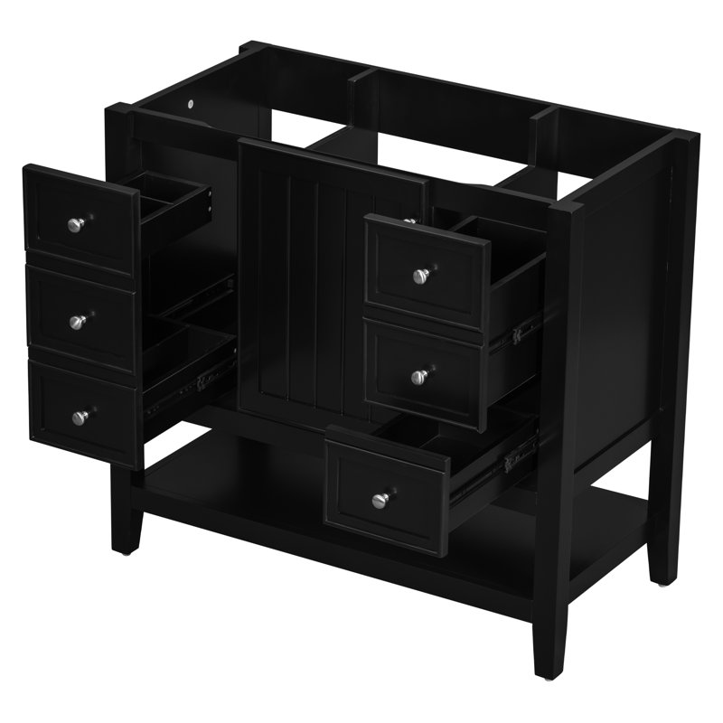 36" Black Bathroom Cabinet Vanity Base - Modern, 1 & 3 Drawers Installed