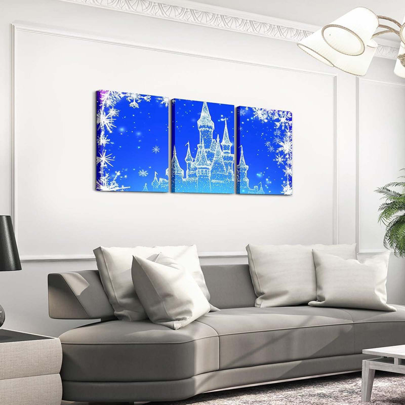 Snowflake Castle Kids Canvas Wall Art For Living Room Blue Castle Picture Wall Decor For Bathroom Fairy Tale Artwork Posters Christmas Winter Gift Painting Dreamy 12"X16"X 3Pcs
