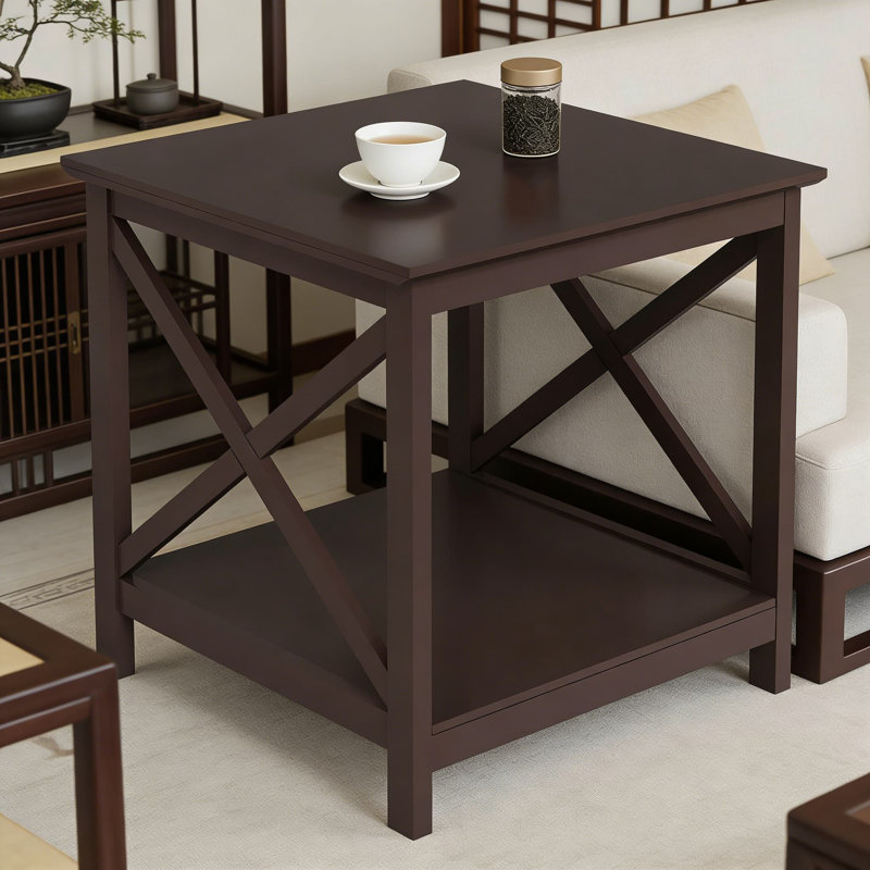 Table de bout moderne avec tablette de rangement à 2 niveaux, table d'appoint carrée pour le salon, la table de chevet et le bureau avec structure en X robuste