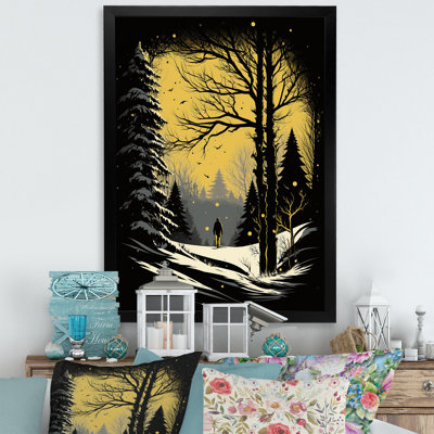 Hiver, arbres dans la forêt de montagne enneigée I - paysage, impression jaune