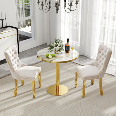 Ensemble de table de salle à manger 3 pièces, table de salle à manger moderne et transparente avec chaise de salle à manger en velours capitonné