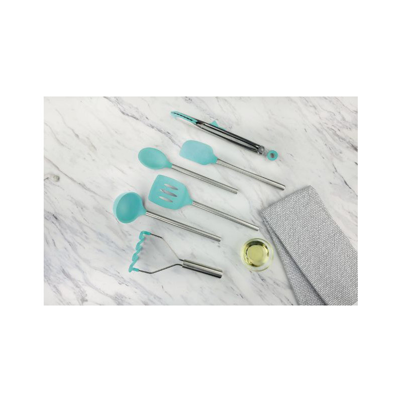 Silicone Utensil Set of 6 - Black, Light Aqua