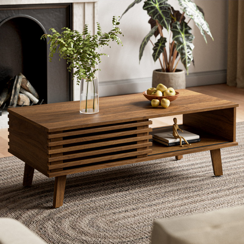 Enely Coffee Table with Storage, Mid Century Modern Coffee Table with slatted Door, Walnut