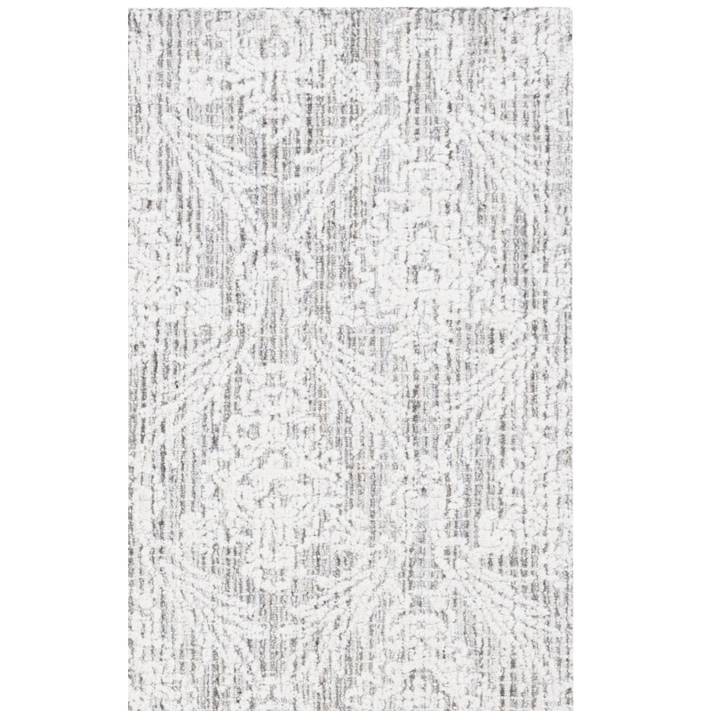 Chaffinch Hand Tufted Wool Cotton Pet Damask Rug in Ivory/Gray, Rectangle 6' x 9'