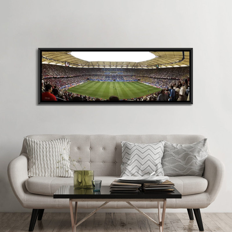 " Crowd In A Stadium To Watch A Soccer Match, Hamburg, Germany " by Panoramic Images, 12" H x 36" W x 1.5" D, Black Framed