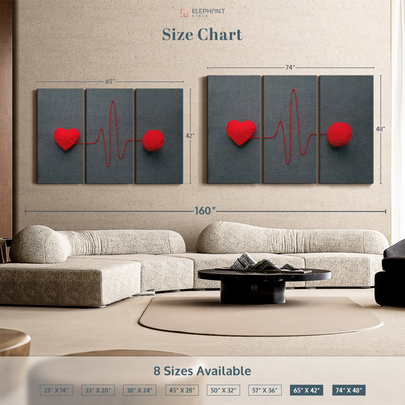 «Love», «Red Wool Heart Line Canvas Print» sur, H 48 po x l 74 po