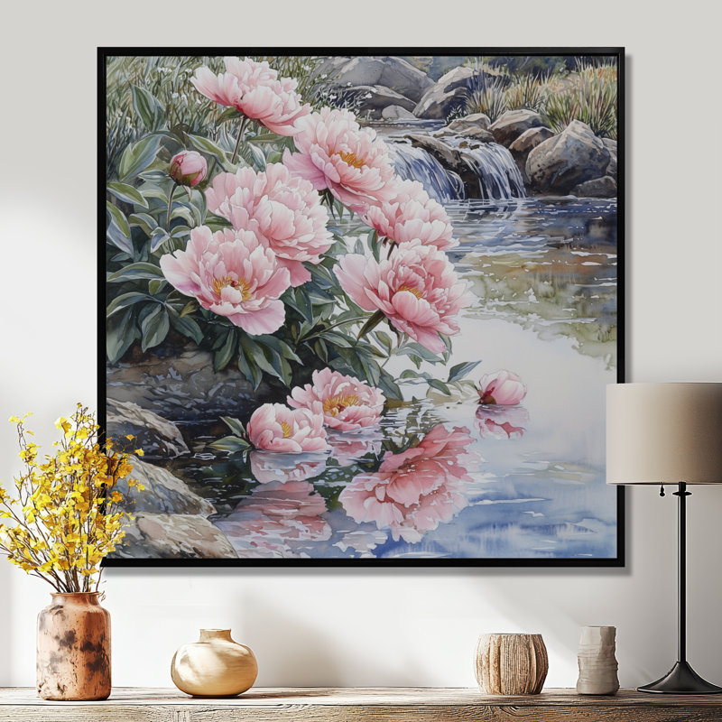 Pivoines près du ruisseau de montagne III - pivoines, art mural large, H 16 po x l 16 po, Impression encadrée flottante
