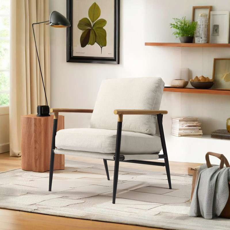 Dajauna Midcentury Modern Upholstered Metal Frame Chenille Arm Accent Chair, Beige Chenille