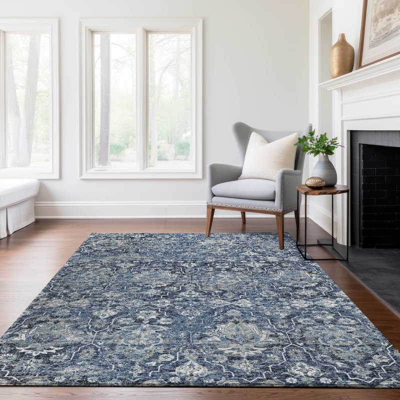 Tapis bleu Premium Alliah AMF94 lavable à la machine, Rectangle 9 pi x 12 pi