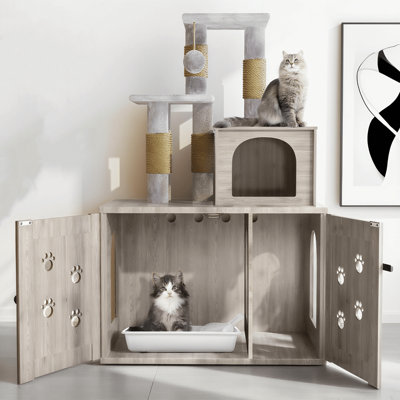 Cat Tree With Litter Box Enclosure, Hidden Cat Washroom Furniture, All-In-One Cat House With  Sisal Scratching Post, Plush Perch Platform & Divided Condo