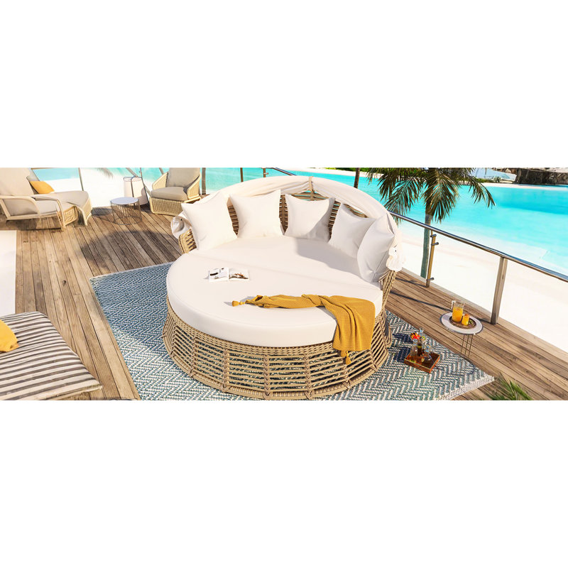Round Outdoor Patio Daybed With Comfortable Cushions And Adjustable Canopy, Furniture For Backyard Porch, Beige, All - Weather , Can Be Divided Into 2 Chairs