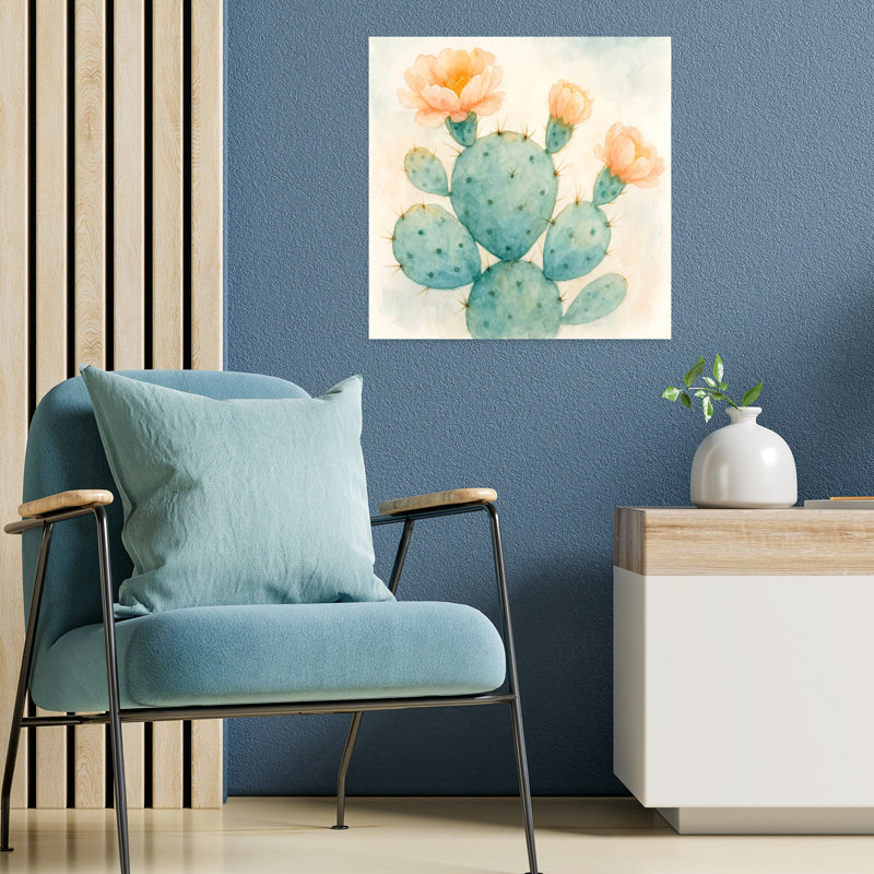 Cactus vert avec fleurs en fleurs dans de douces teintes pastel, art mural contemporain abstrait, H 18 po x l 18 po
