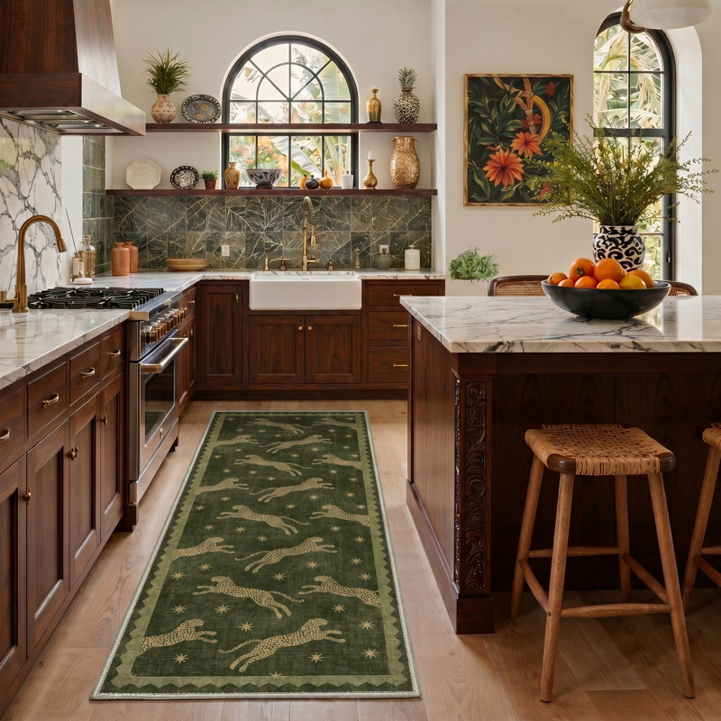 Cheetah Collection Animal Print Machine Washable Green / Beige Indoor Area Rug with Non-Slip Backing, Runner 2'3" x 6'